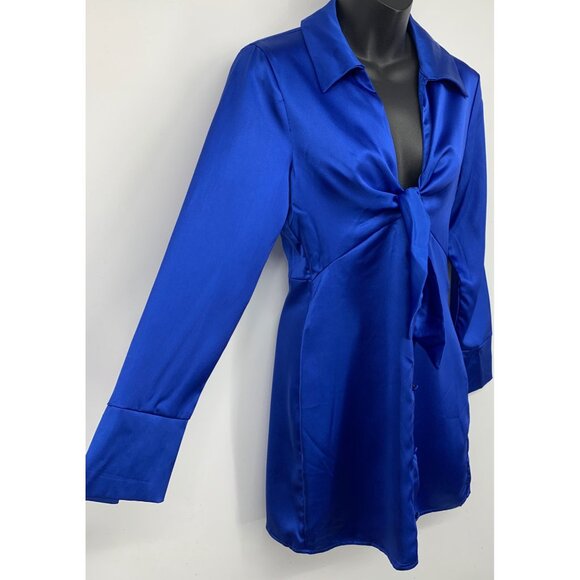 Zara Womens Royal Blue Satin Tie-Front Dress Small Mini V Sheath Sexy New - Picture 3 of 10